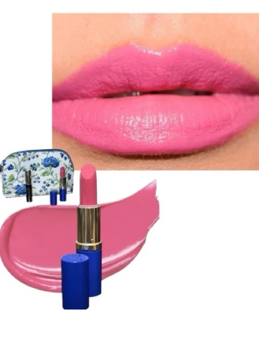 Estee Lauder Pure Color 220 Powerful Lipstick with Mascara & Floral Bag Bundle